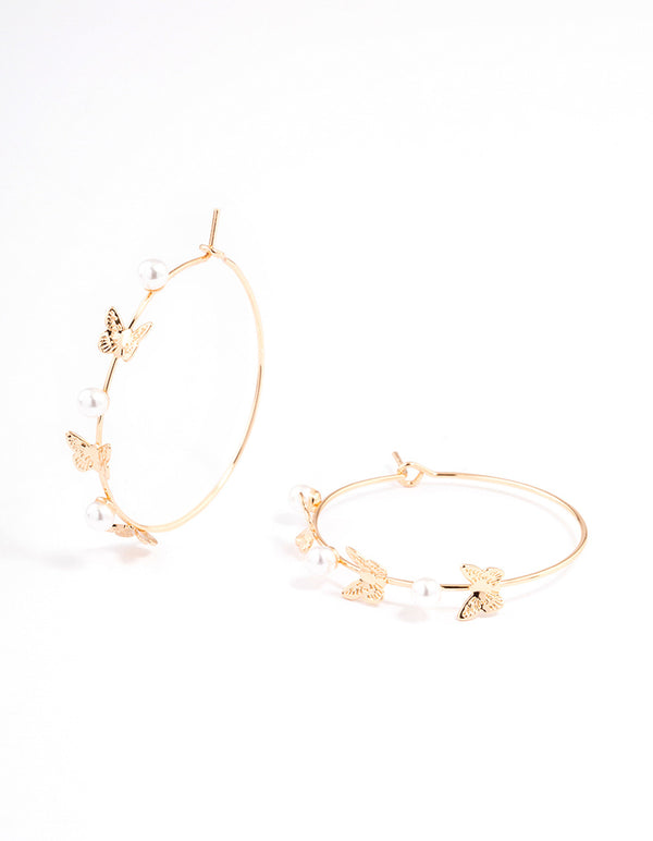 Gold Dainty Butterfly & Pearl Hoop Earrings