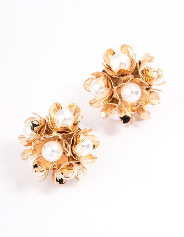 Gold Pearl Flower Cluster Stud Earrings