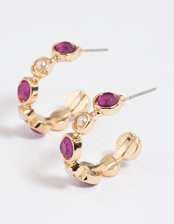 Purple Mixed Round & Pearl Mini Hoop Earrings