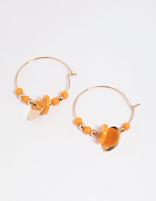 Orange Mixed Bead & Disc Wire Hoop Earrings