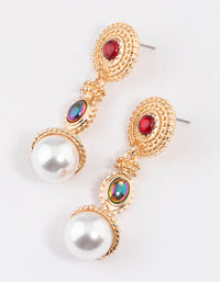 Gold Mixed Jewel Pearl Drop Earrings - link has visual effect only