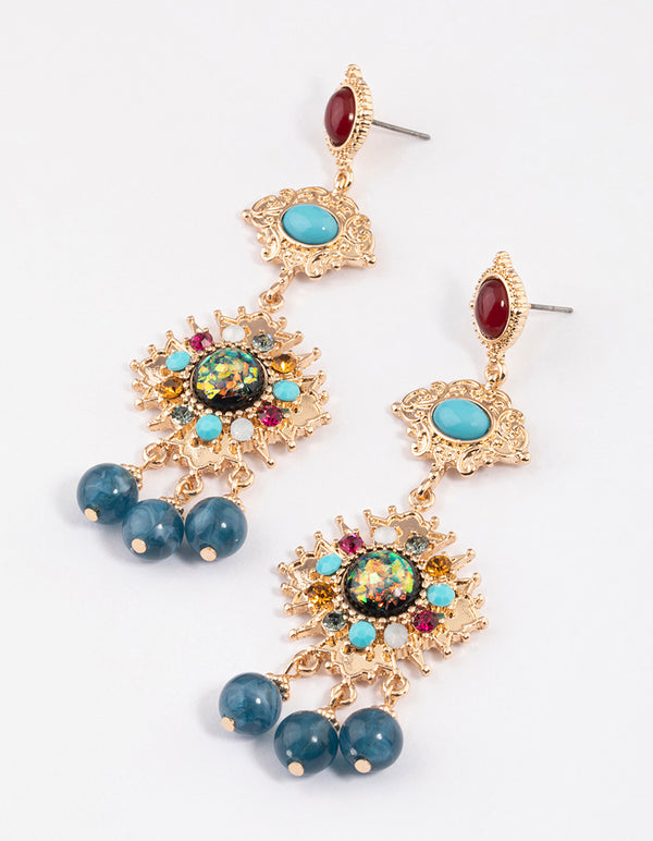 Gold Mixed Jewel Drop Chandbali Earrings