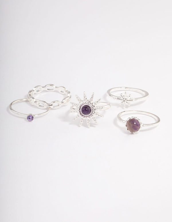 Silver Amethyst Cluster Chain Ring Pack