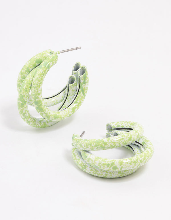 Coated Green Trio Marble Hoop Earrings