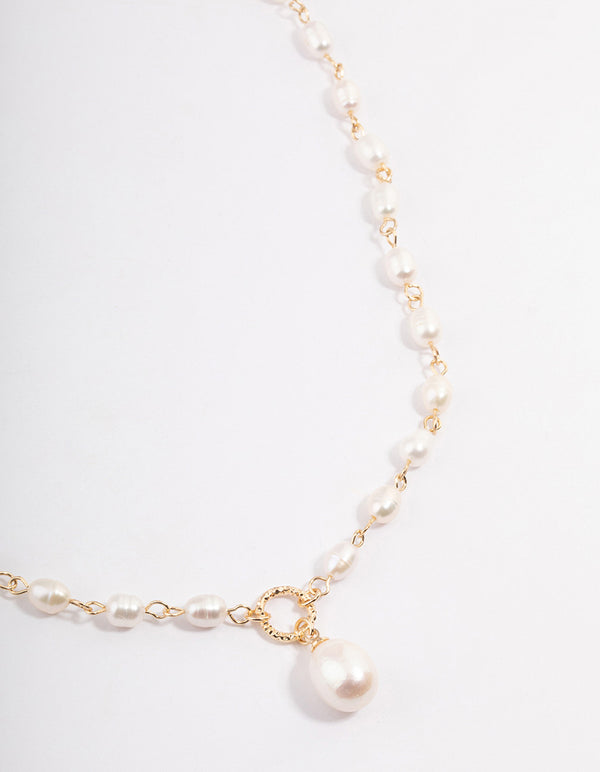 Gold Plated Freshwater Pearl Station Drop Necklace