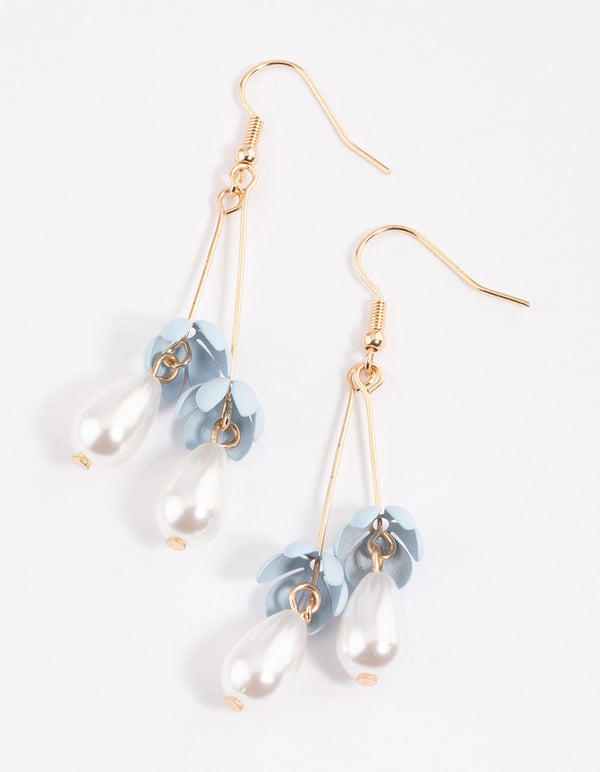 Blue Double Stack & Flower Drop Earrings