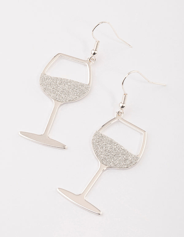 Silver Glitter Wine Glass Drop Earrings