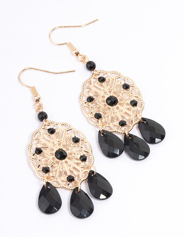 Black Filo Diamante Facet Drop Earrings