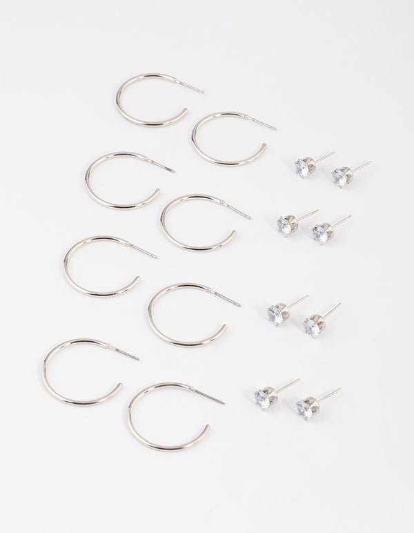 Rhodium Classic Diamante & Hoop Earrings 8-Pack