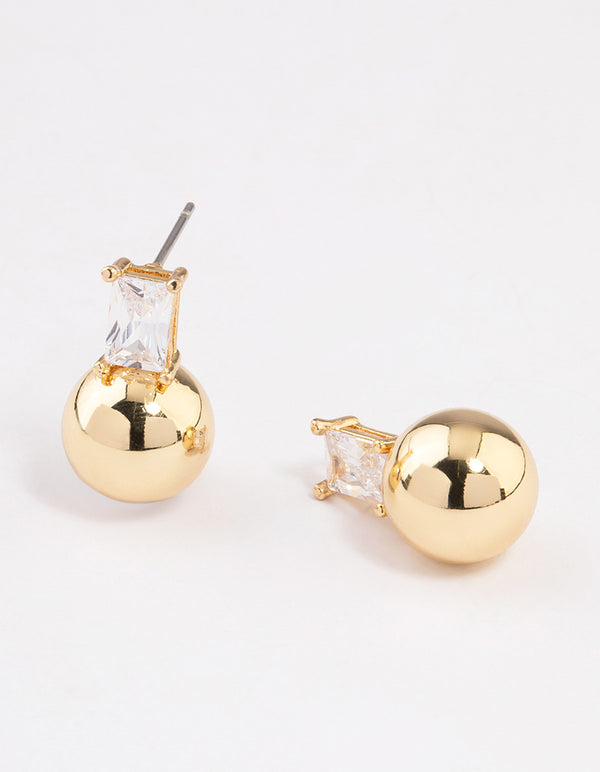 Gold Plated Cubic Zirconia Baguette & Ball Stud Earrings