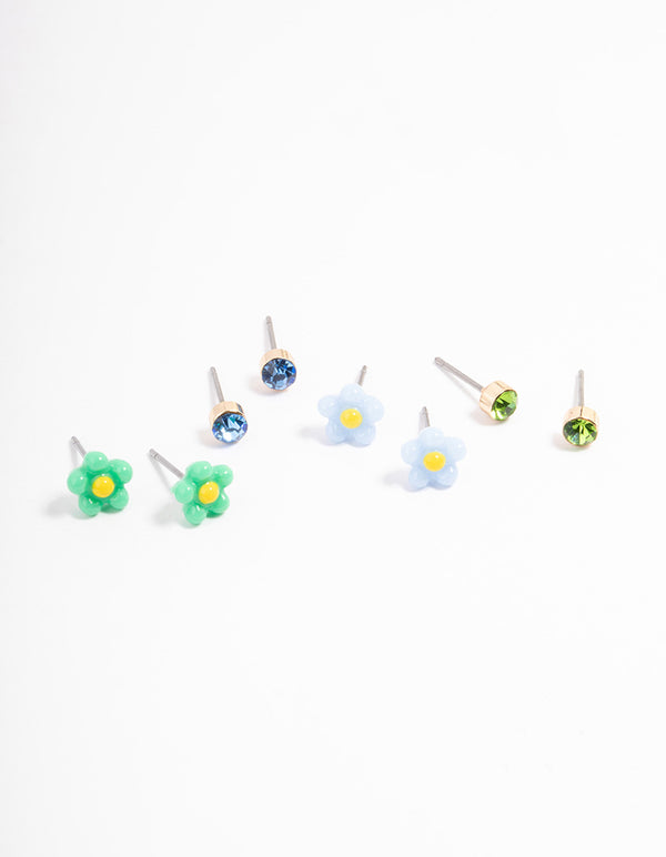 Green & Blue Flower Stud Earrings 4-Pack