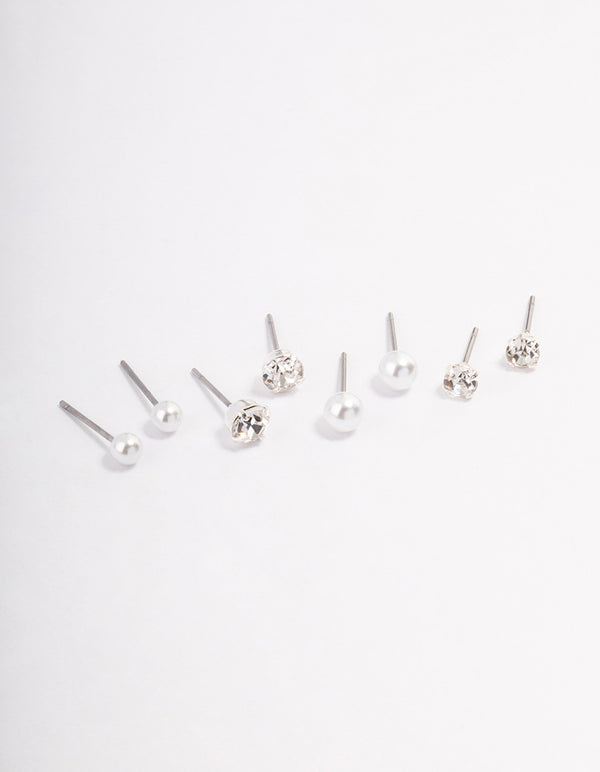 Silver Pearl & Diamante Stud Earrings 4-Pack