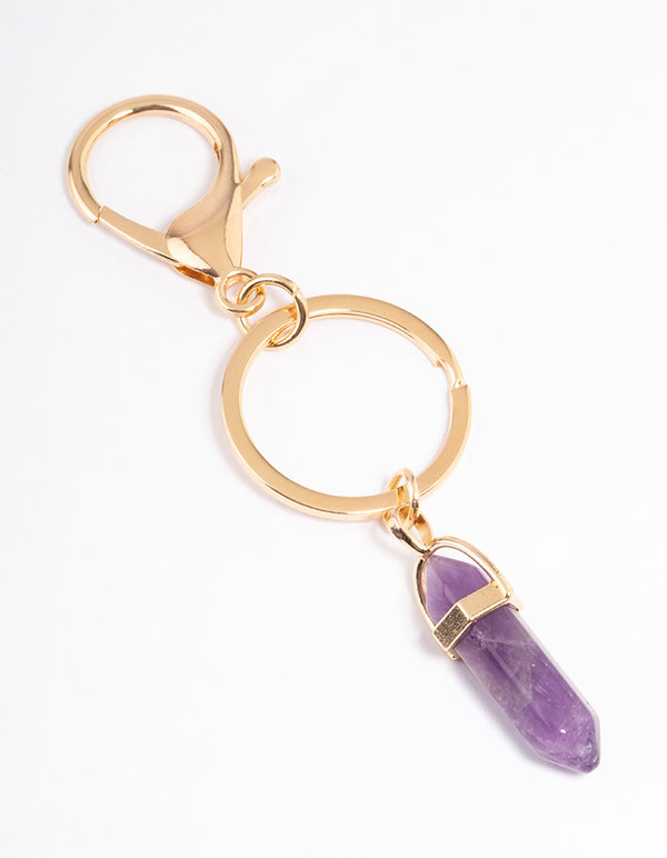 Gold Amethyst Stone Key Ring