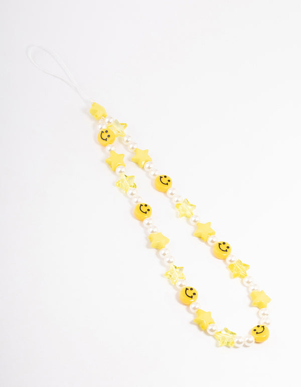 Pearl Smiley & Star Motif Phone Strap