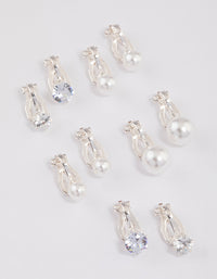 Silver Pearl & Diamante Clip On Earrings 5-Pack - link has visual effect only