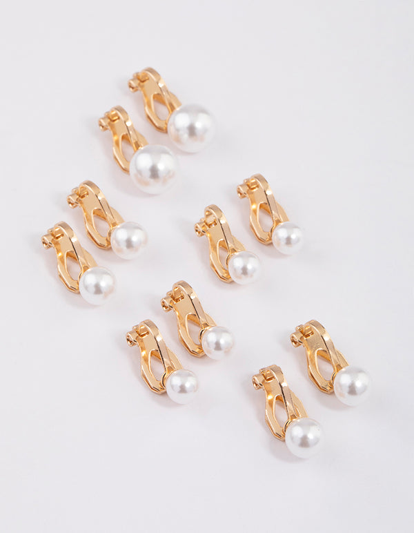 Gold Graduating Pearl Clip On Earrings 5-Pack