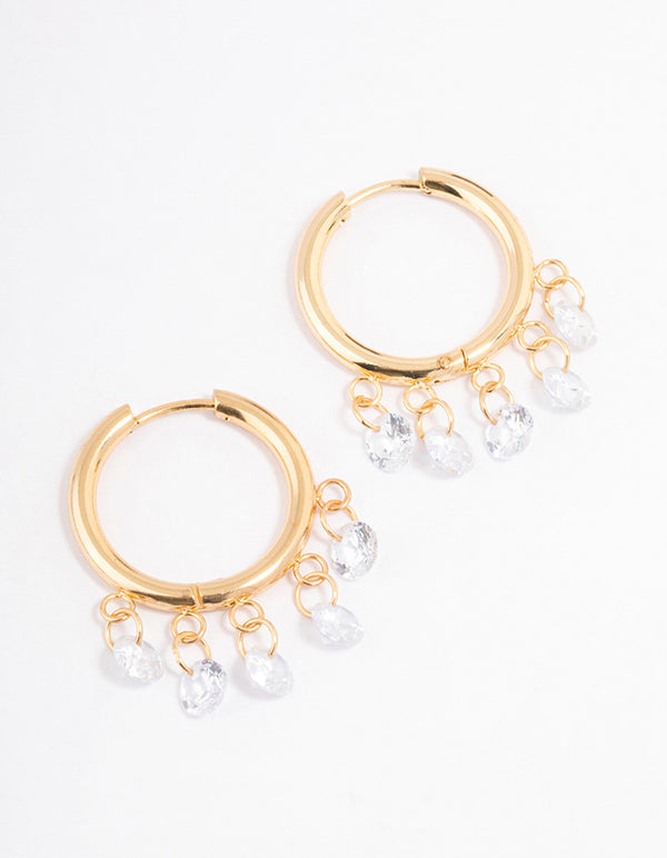 Gold Plated Stainless Steel Cubic Zirconia Droplet Hoop Earrings