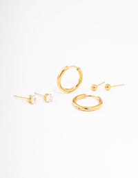 Gold Plated Stainless Steel Basic Cubic Zirconia Earrings Pack - link has visual effect only