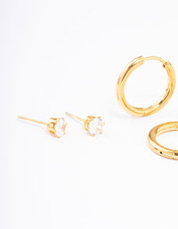 Gold Plated Stainless Steel Basic Cubic Zirconia Earrings Pack - link has visual effect only