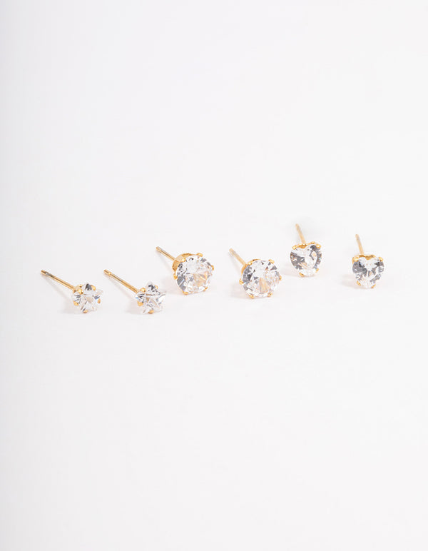 Gold Plated Stainless Steel Star & Heart Stud Earrings Pack