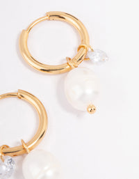 Gold Plated Stainless Steel Classic Freshwater Pearl & Cubic Zirconia Huggie Earrings - link has visual effect only