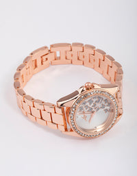 Rose Gold Butterfly Diamante Link Watch - link has visual effect only