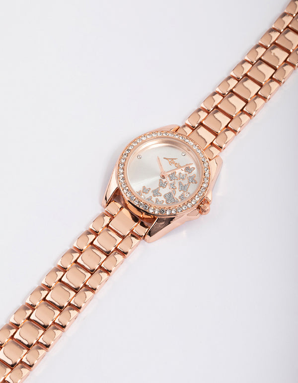 Rose Gold Butterfly Diamante Link Watch