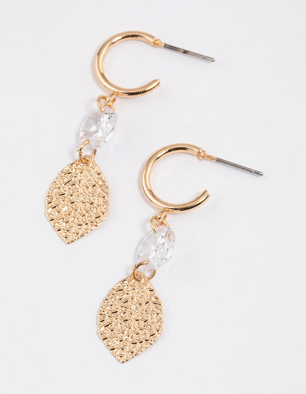 Gold Diamante Leaf Huggie Earrings