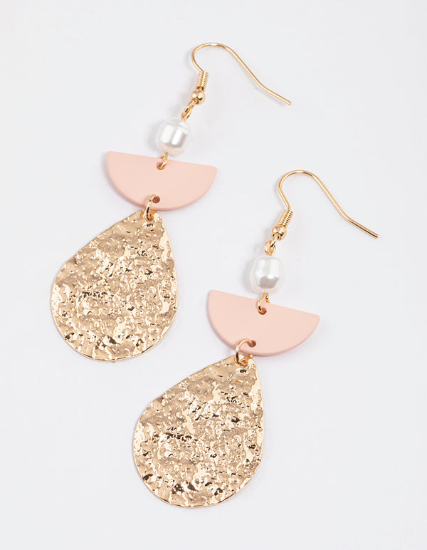 Gold Beaten Pink Pear & Pearl Drop Earrings