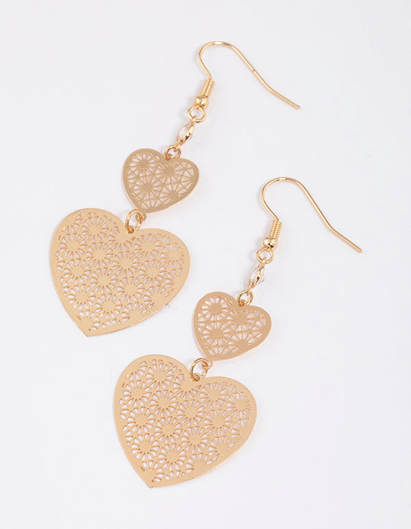 Gold FIligree Double Heart Drop Earrings