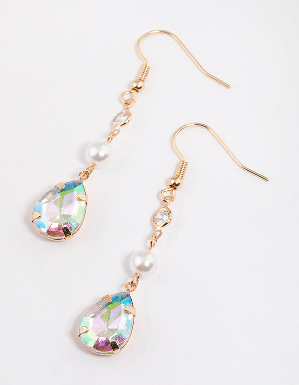 Gold Pear Diamante & Pearl Drop Earrings