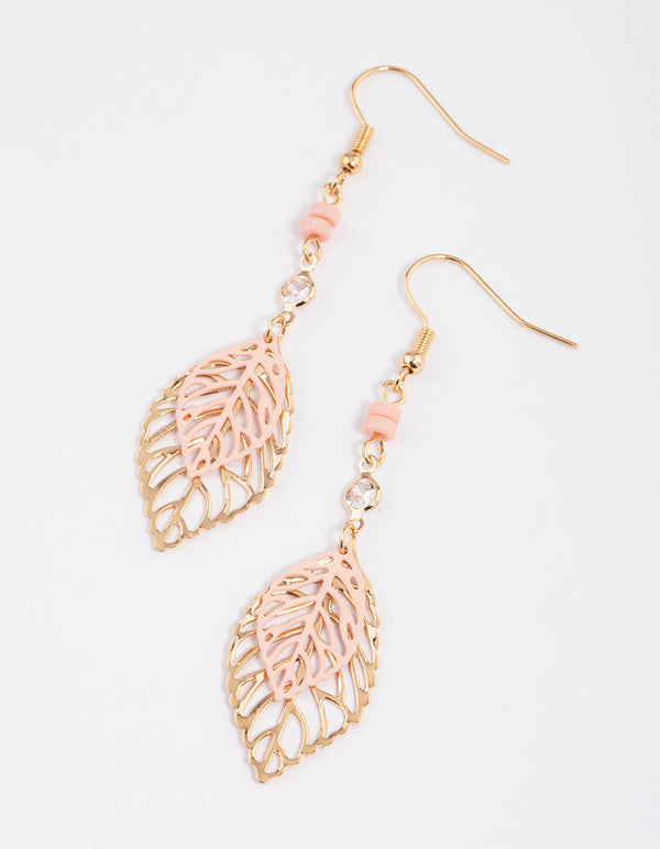 Pink Filigree Leaf Drop Earrings