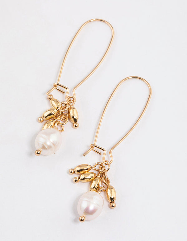 Gold Pearl Long Fish Hook Drop Earrings