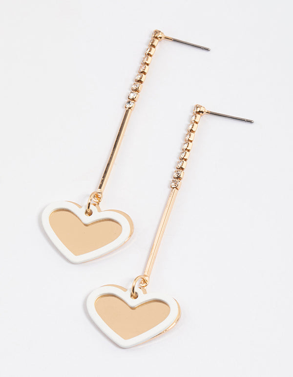 Gold Diamante Stick Heart Drop Earrings