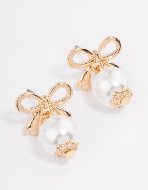 Gold Bow Pearl Drop Earrings