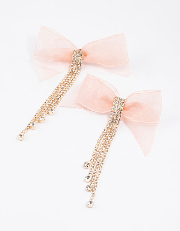 Gold Fabric Bow Diamante Drop Earrings