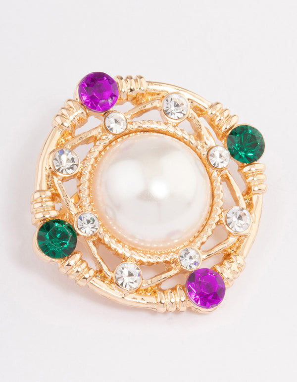 Gold Diamante & Centre Pearl Brooch