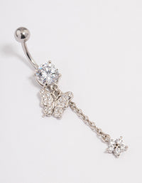 Surgical Steel Cubic Zirconia Butterfly Chain Belly Ring - link has visual effect only