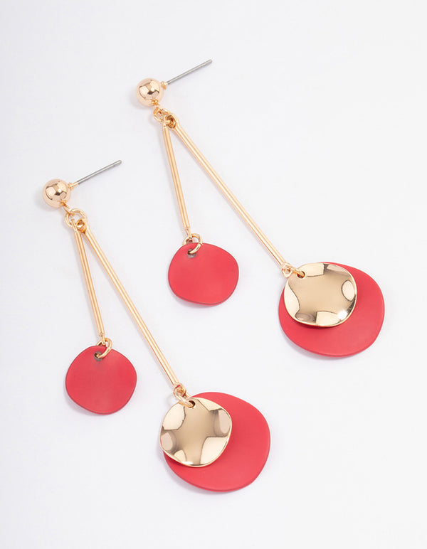 Red Double Disc Stick Drop Earrings