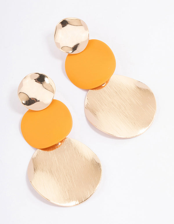 Orange Triple Wrapped Disc Drop Earrings