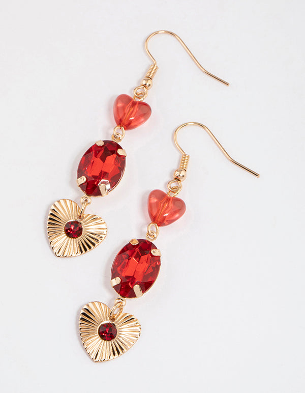 Red Beaded Diamante Heart Drop Earrings