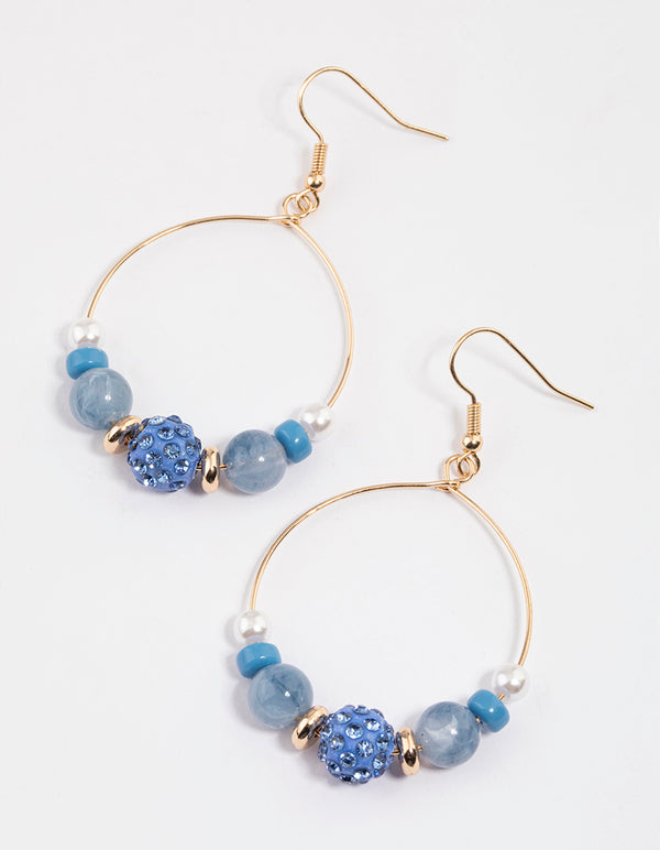 Blue Shambala Beaded Hoop Drop Earrings