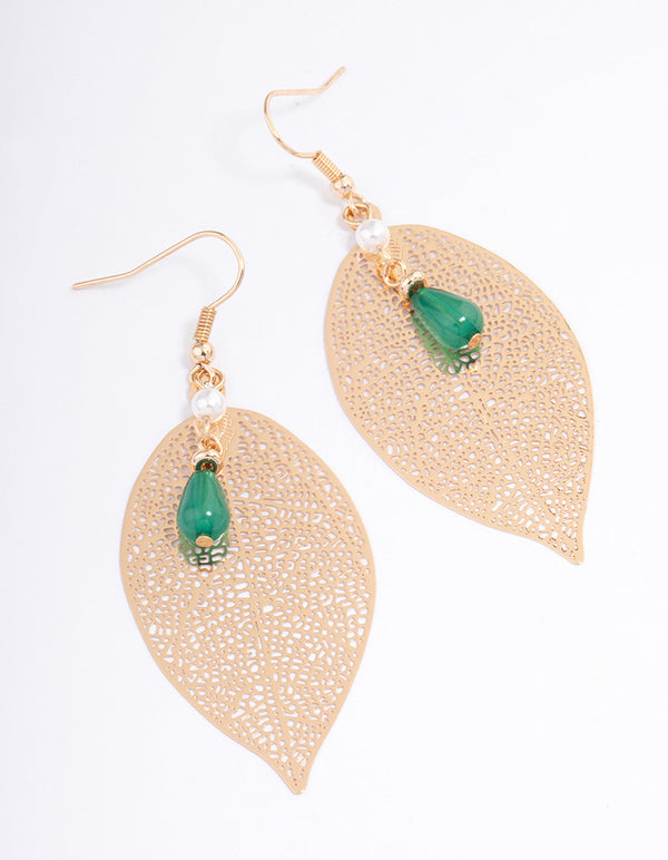 Green Filigree Leaf Beaded Drop Earrings