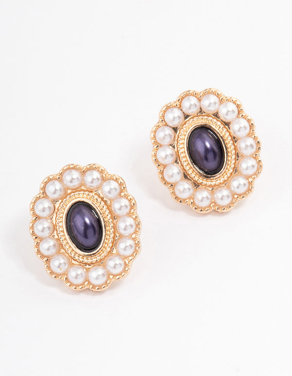 Black Pearl Surrounded Stone Detailed Earrings