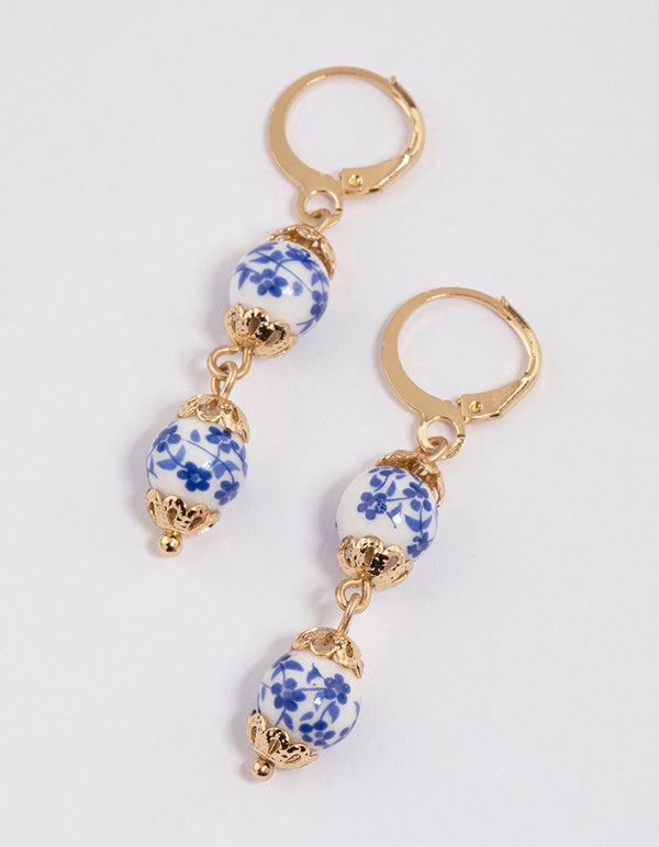 Blue Double Beaded Huggie Drop Earrings