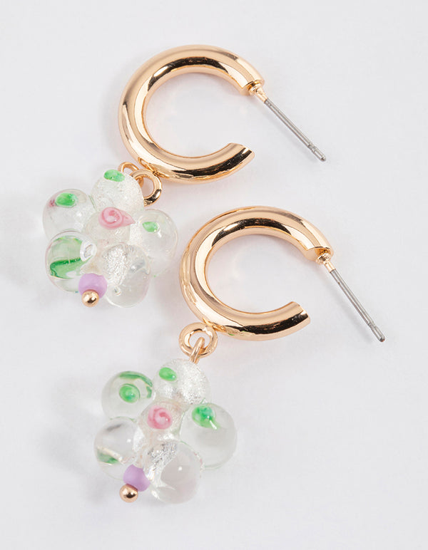 Gold Puffy Flower Drop Earrings