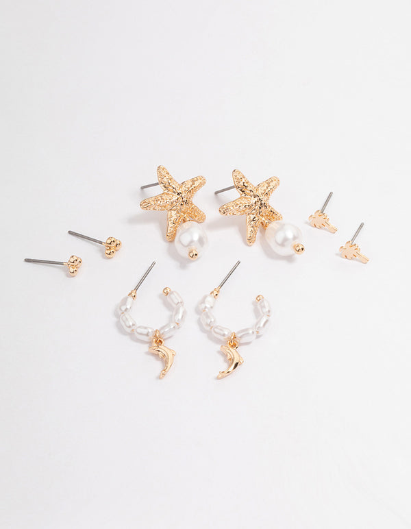 Gold Starfish Pearl Earrings 4-Pack