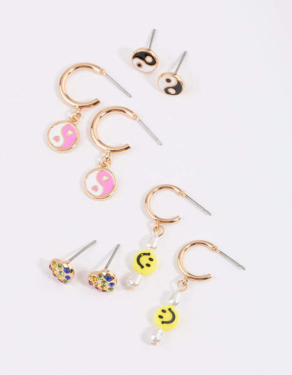 Gold Smiley Heart Earrings 4-Pack