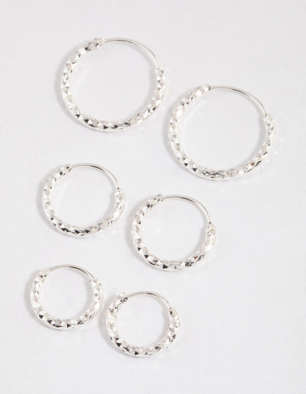 Silver Graduated Textured Hoop Earrings Pack