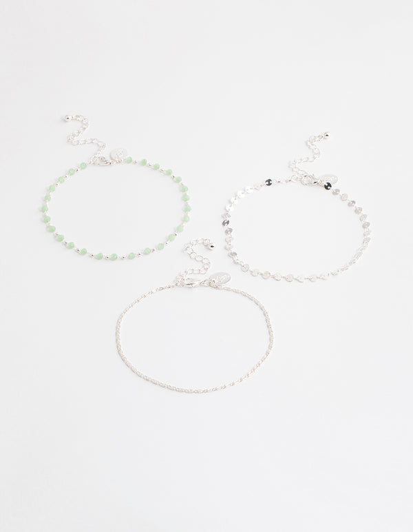 Silver Mixed Beaded & Disc Chain Anklet Pack